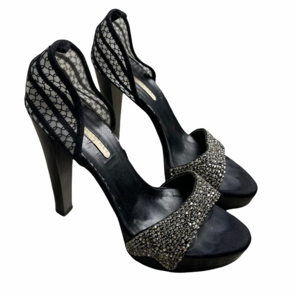 STELLA MCCARTNEY Women's Vintage Silver Beaded Detail Black Pumps Ankle Tie 38